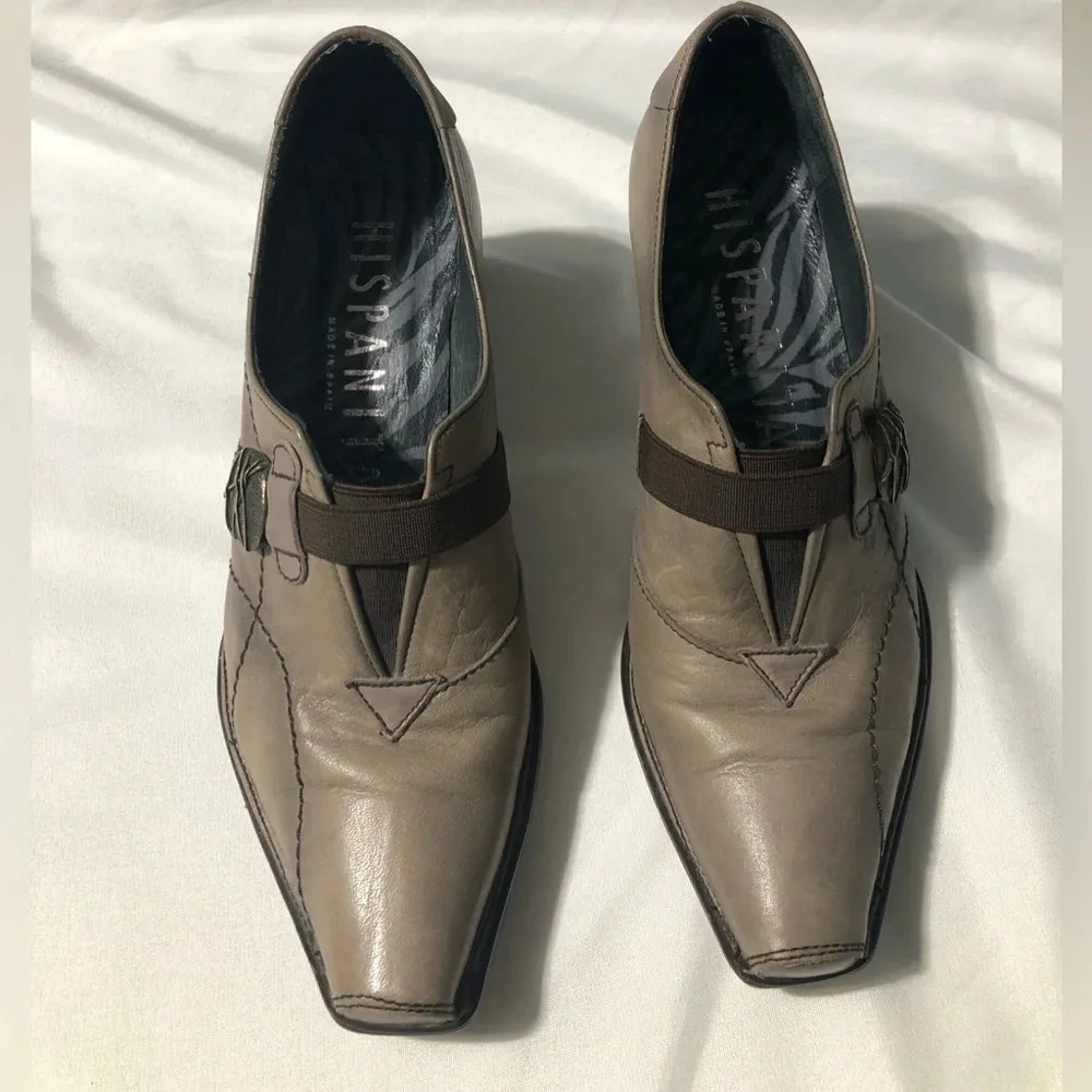 Hispanitas Leather Heels Worn Look Tan Brown Buckle size  37 (US 6-6.5)